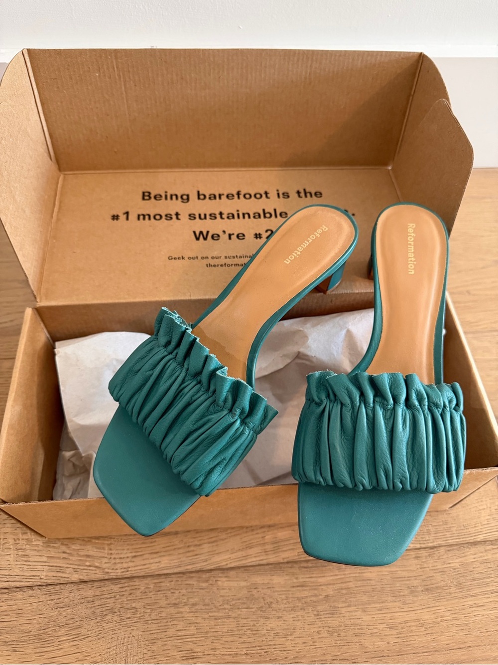Reformation Teal Ruched Slide Heels